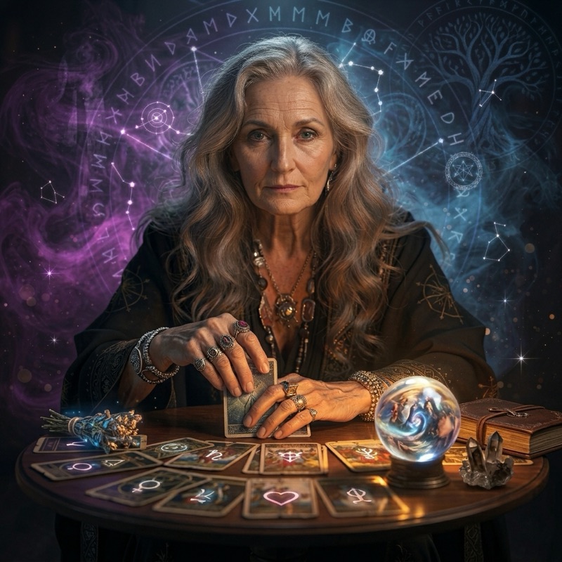 Kartářka Tarot Lady u stolu s rozloženými tarotovými kartami
